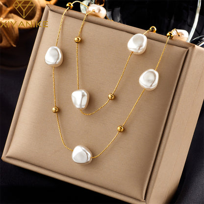 Basic Geometric Titanium Steel Gold Plated Artificial Pearls Necklace 1 Piece