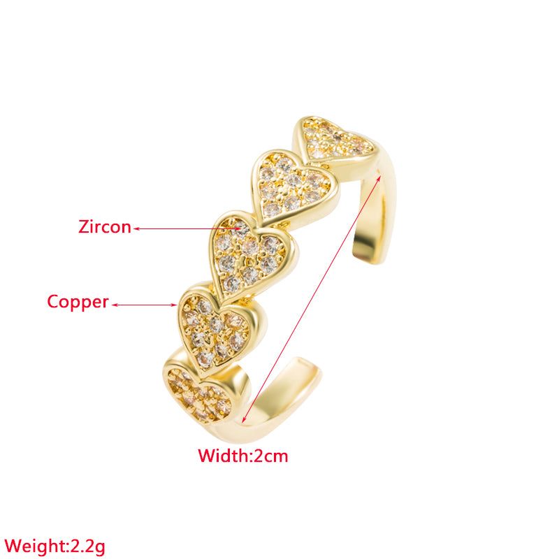 Elegant Heart Shape Copper Gold Plated Zircon Open Ring 1 Piece