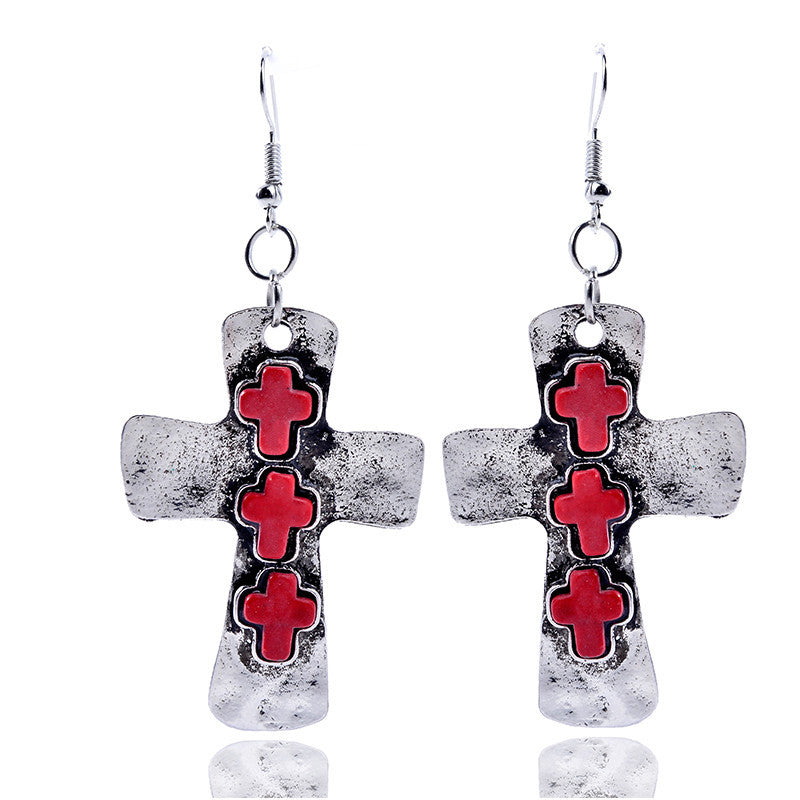 Retro Cross Alloy Inlay Turquoise Women's Earrings 1 Pair