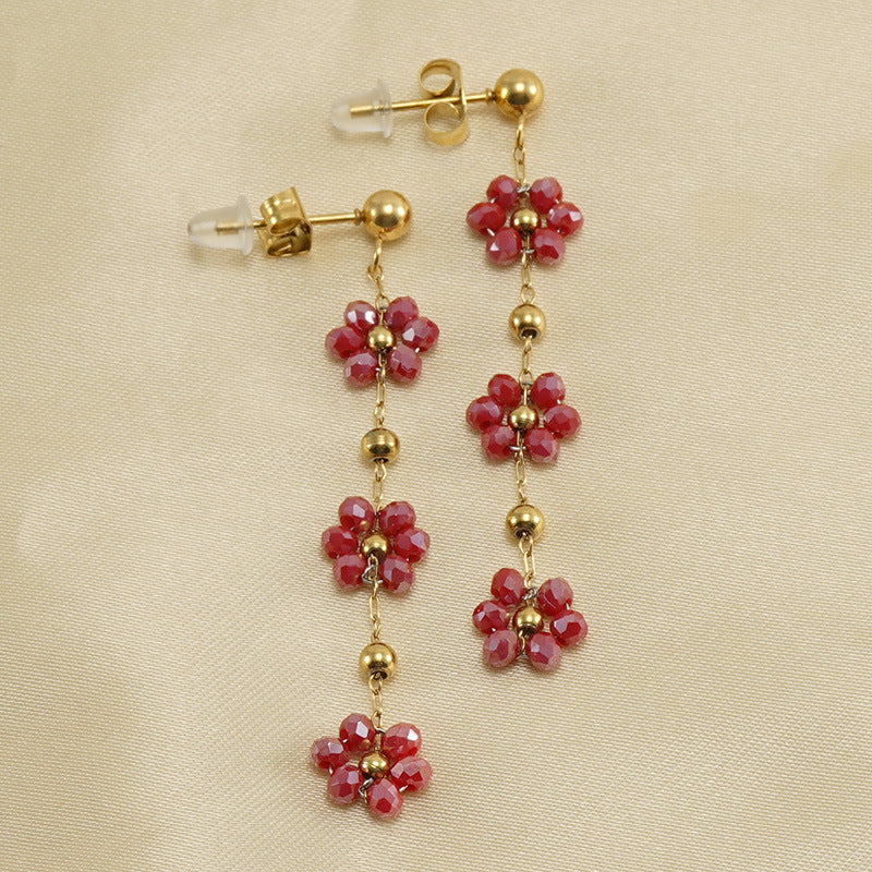 Vacation Sweet Flower Stainless Steel Artificial Crystal Plating 18k Gold Plated Earrings Necklace