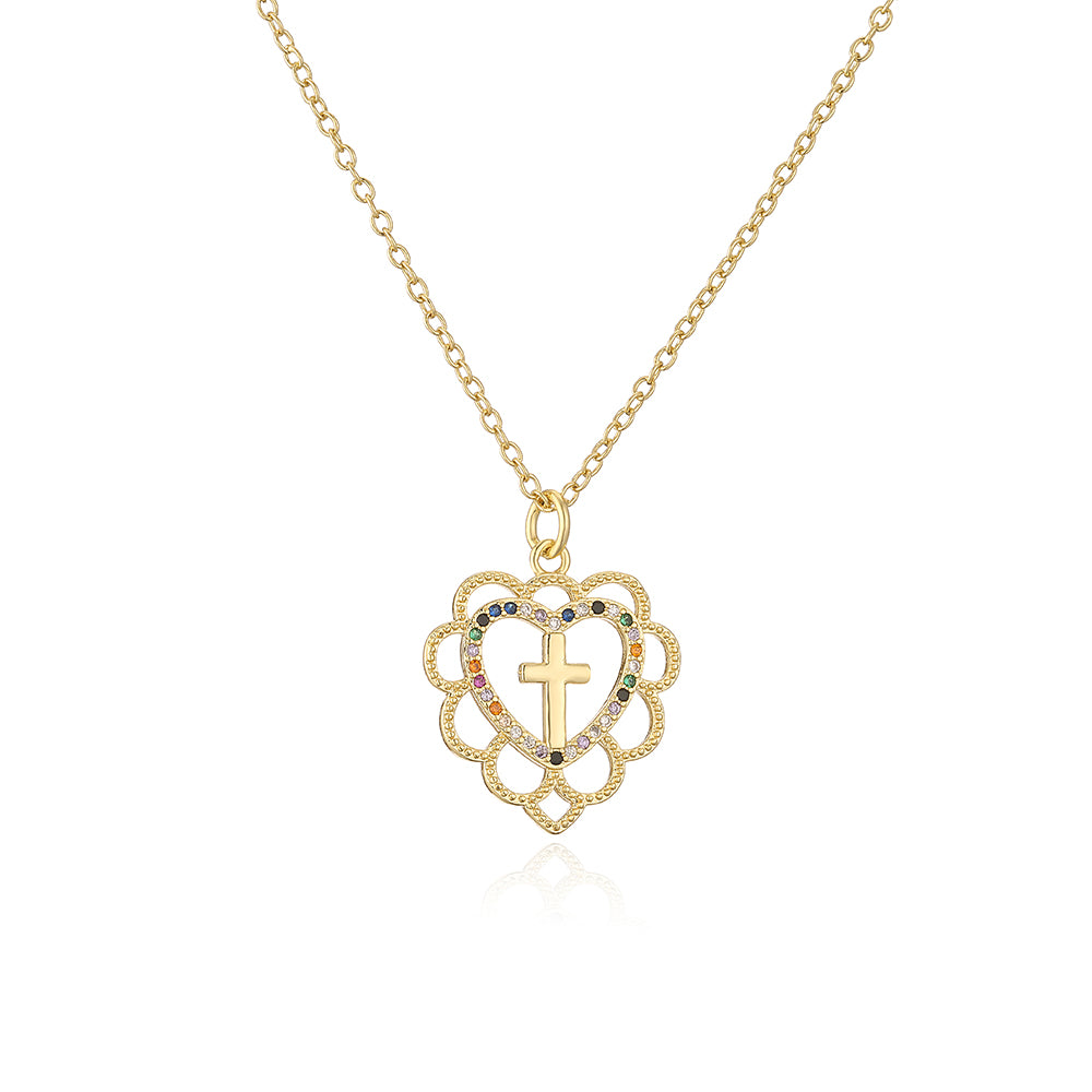 Fashion Cross Heart Shape Crown Copper Gold Plated Zircon Pendant Necklace 1 Piece