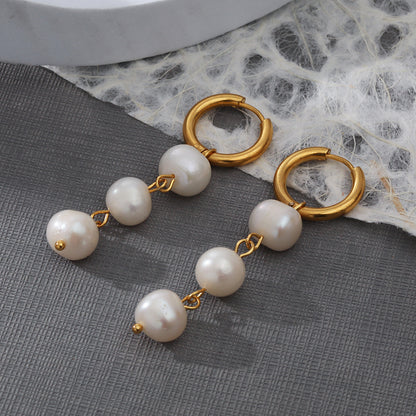 Fashion Round Stainless Steel Pearl Drop Earrings 1 Pair