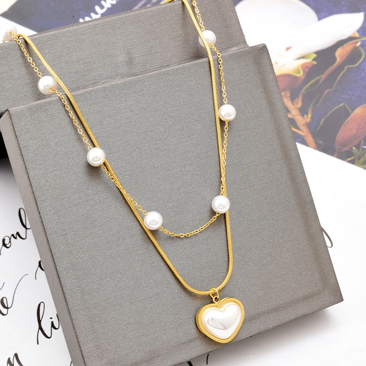 Fashion Heart Shape Titanium Steel Necklace Inlay Artificial Pearls Stainless Steel Necklaces 1 Piece