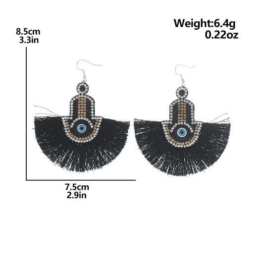 Retro Devil's Eye Sector Hand Of Fatima Metal Tassel Rhinestones Women's Ear Hook 1 Pair