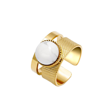 Fashion Geometric Titanium Steel Plating Natural Stone Shell Open Ring