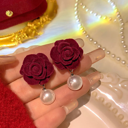 Fashion Water Droplets Rose Flower Flocking Three-dimensional Artificial Pearls Women's Drop Earrings 1 Pair