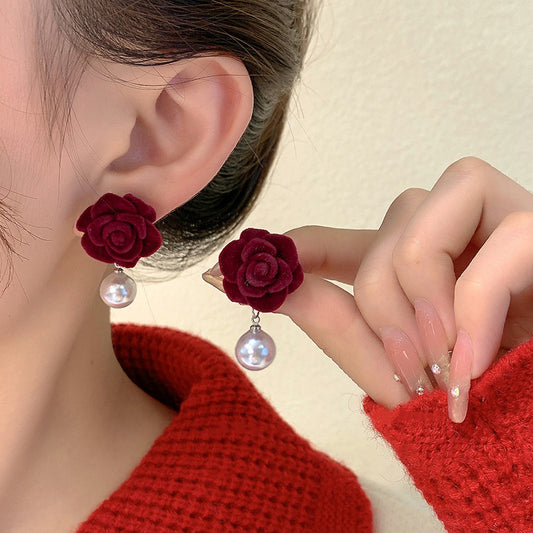 Fashion Water Droplets Rose Flower Flocking Three-dimensional Artificial Pearls Women's Drop Earrings 1 Pair