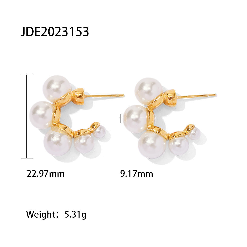 Elegant Geometric Stainless Steel Inlay Pearl Zircon Earrings 1 Pair