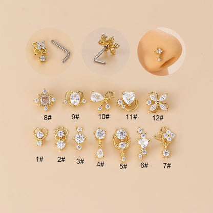 Fashion Flower Bow Knot Stainless Steel Plating Zircon Nose Studs 1 Piece