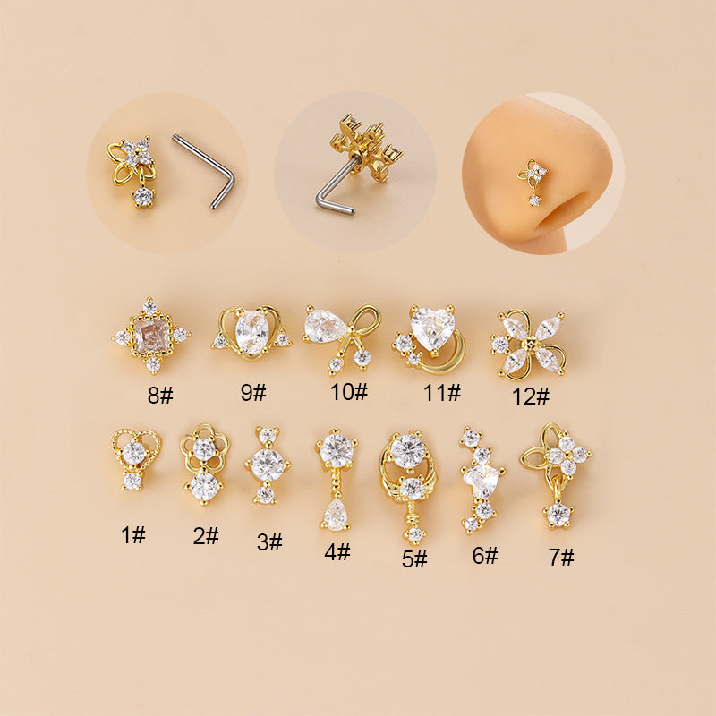 Fashion Flower Bow Knot Stainless Steel Plating Zircon Nose Studs 1 Piece