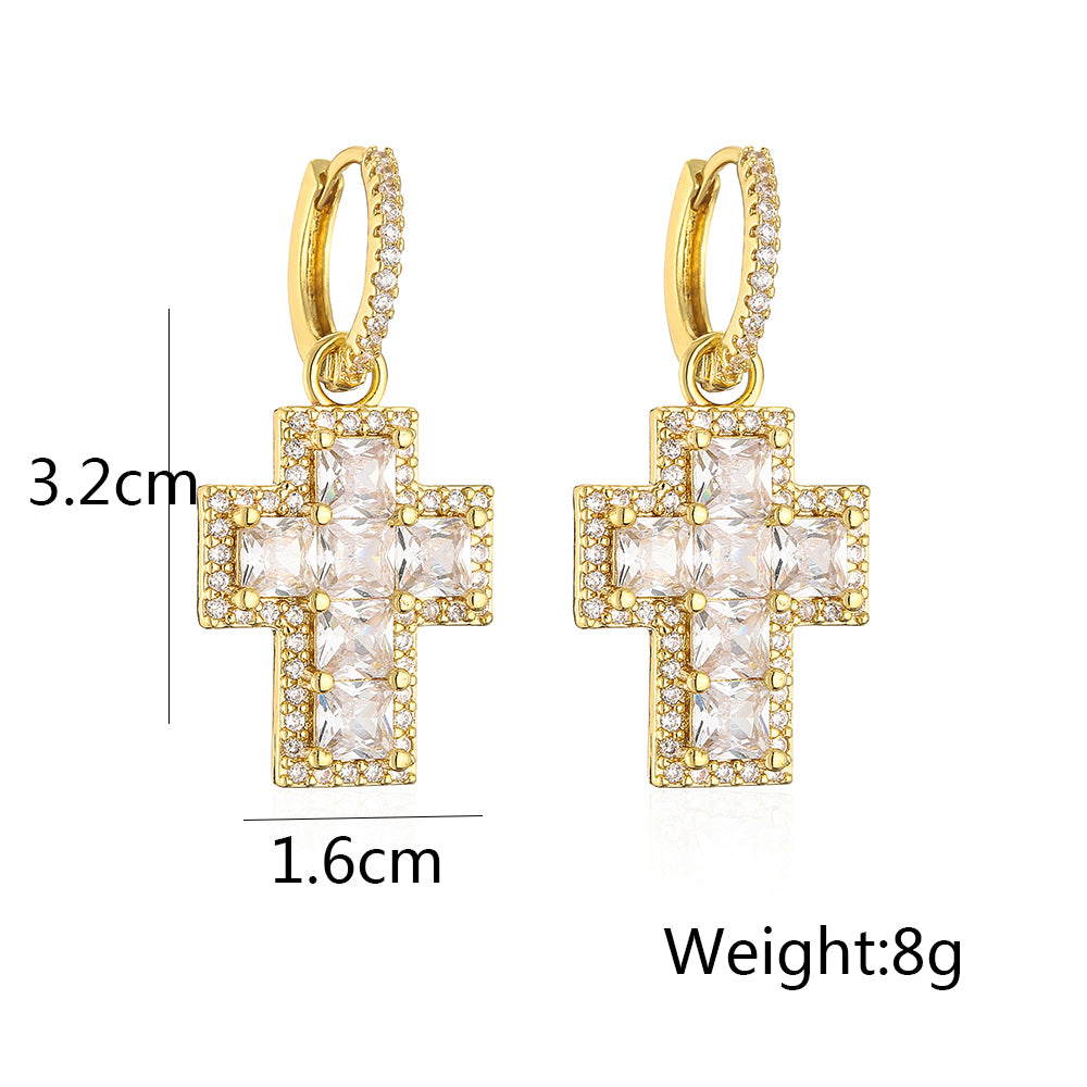 Fashion Cross Copper Gold Plated Zircon Dangling Earrings 1 Pair