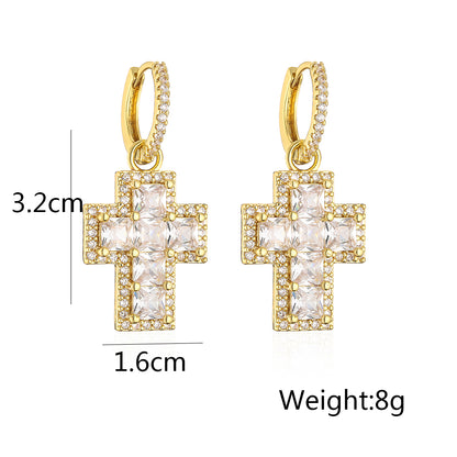 Fashion Cross Copper Gold Plated Zircon Dangling Earrings 1 Pair