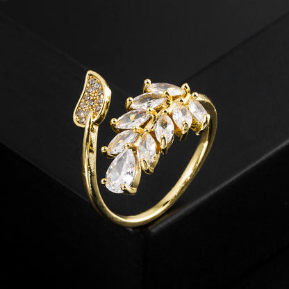 Fashion Leaves Copper Gold Plated Zircon Open Ring 1 Piece