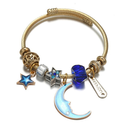 Retro Letter Star Moon Stainless Steel Alloy Resin Inlay Artificial Gemstones Unisex Bangle