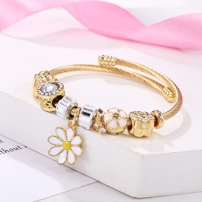 Simple Style Flower Alloy Titanium Steel Copper Enamel Artificial Gemstones Women's Bangle