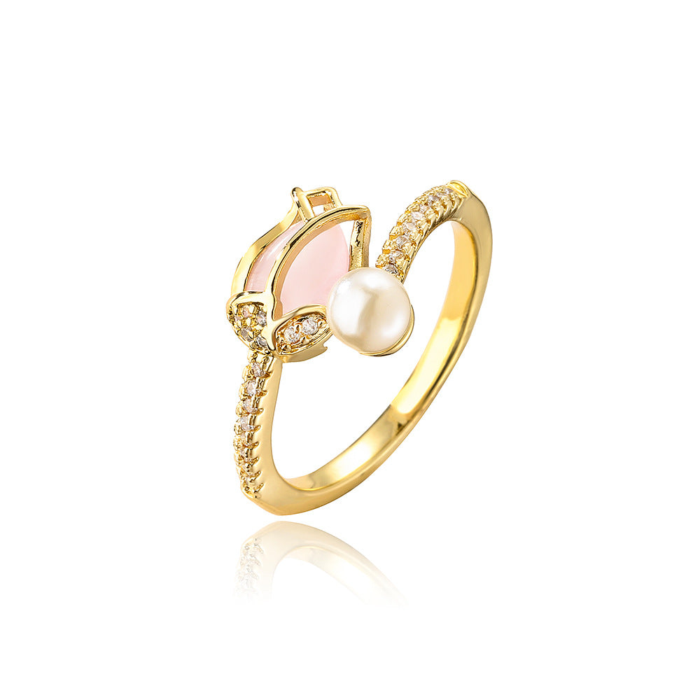 Fashion Flower Copper Gold Plated Artificial Pearls Zircon Open Ring 1 Piece