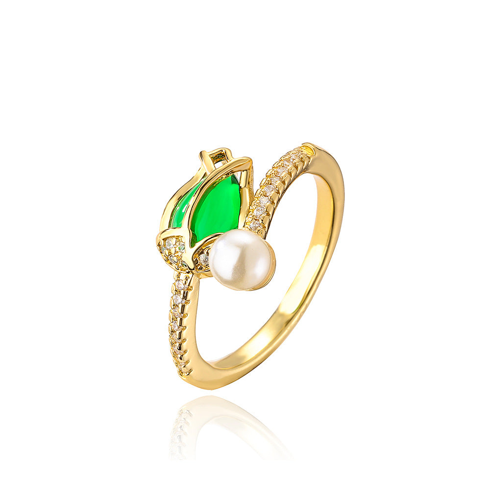 Fashion Flower Copper Gold Plated Artificial Pearls Zircon Open Ring 1 Piece