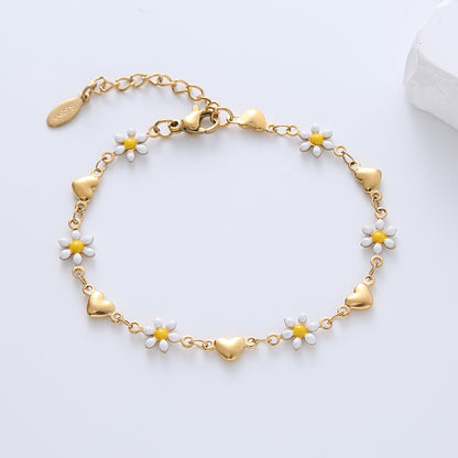 Simple Style Heart Shape Flower Stainless Steel Patchwork Enamel Gold Plated Bracelets