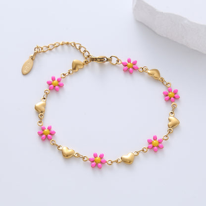 Simple Style Heart Shape Flower Stainless Steel Patchwork Enamel Gold Plated Bracelets