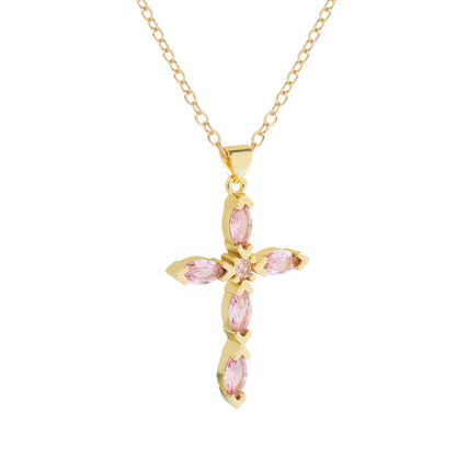 Classic Style Cross Copper Gold Plated Zircon Pendant Necklace 1 Piece