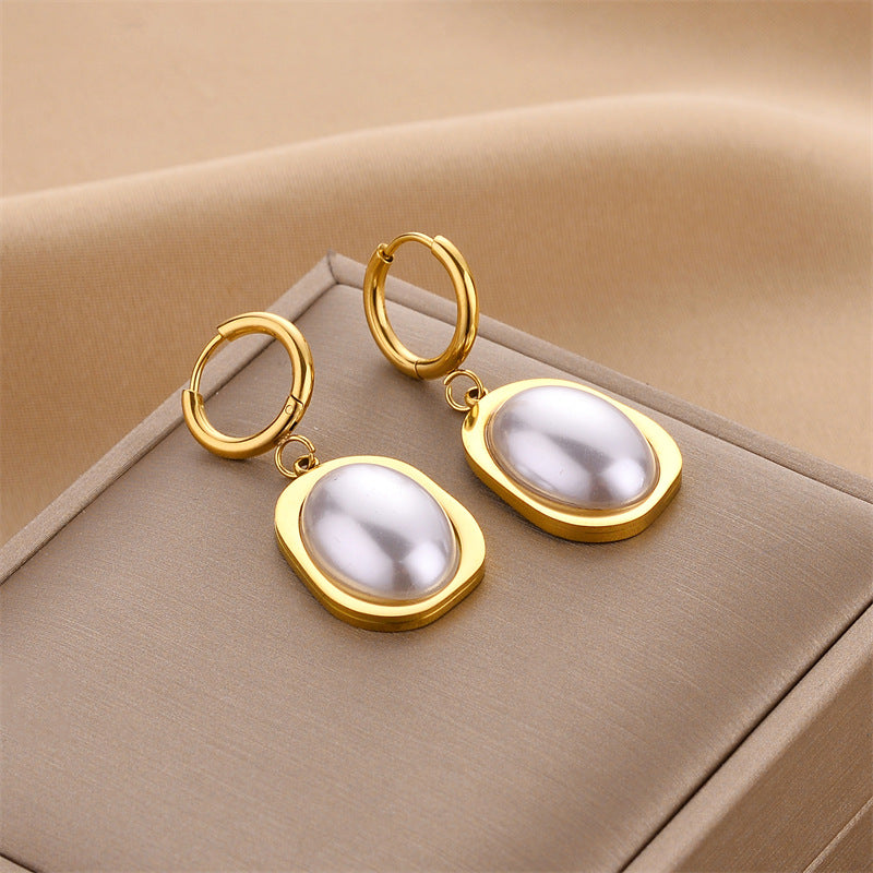 Retro Geometric Titanium Steel Inlay Artificial Pearls Drop Earrings 1 Pair