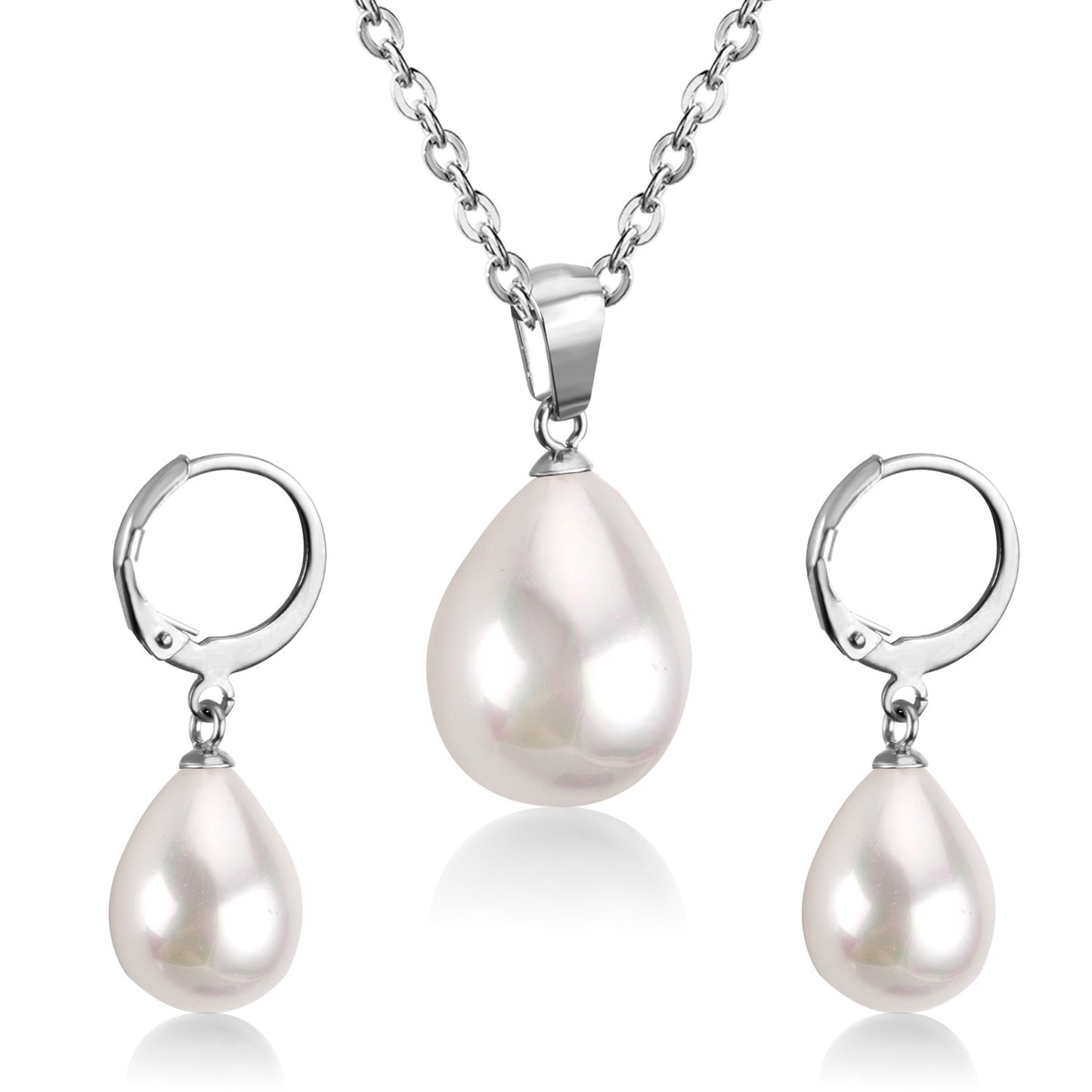 Fashion Water Droplets Stainless Steel Inlay Artificial Pearls Earrings Necklace 1 Set