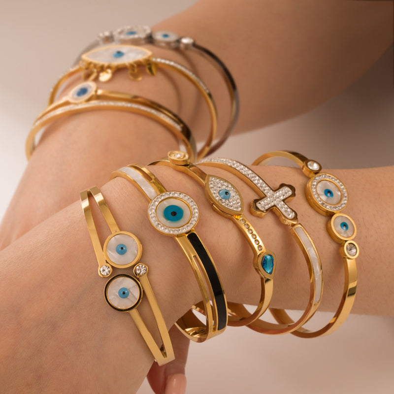 Fashion Devil's Eye Stainless Steel Gold Plated Rhinestones Gold Plated Bangle