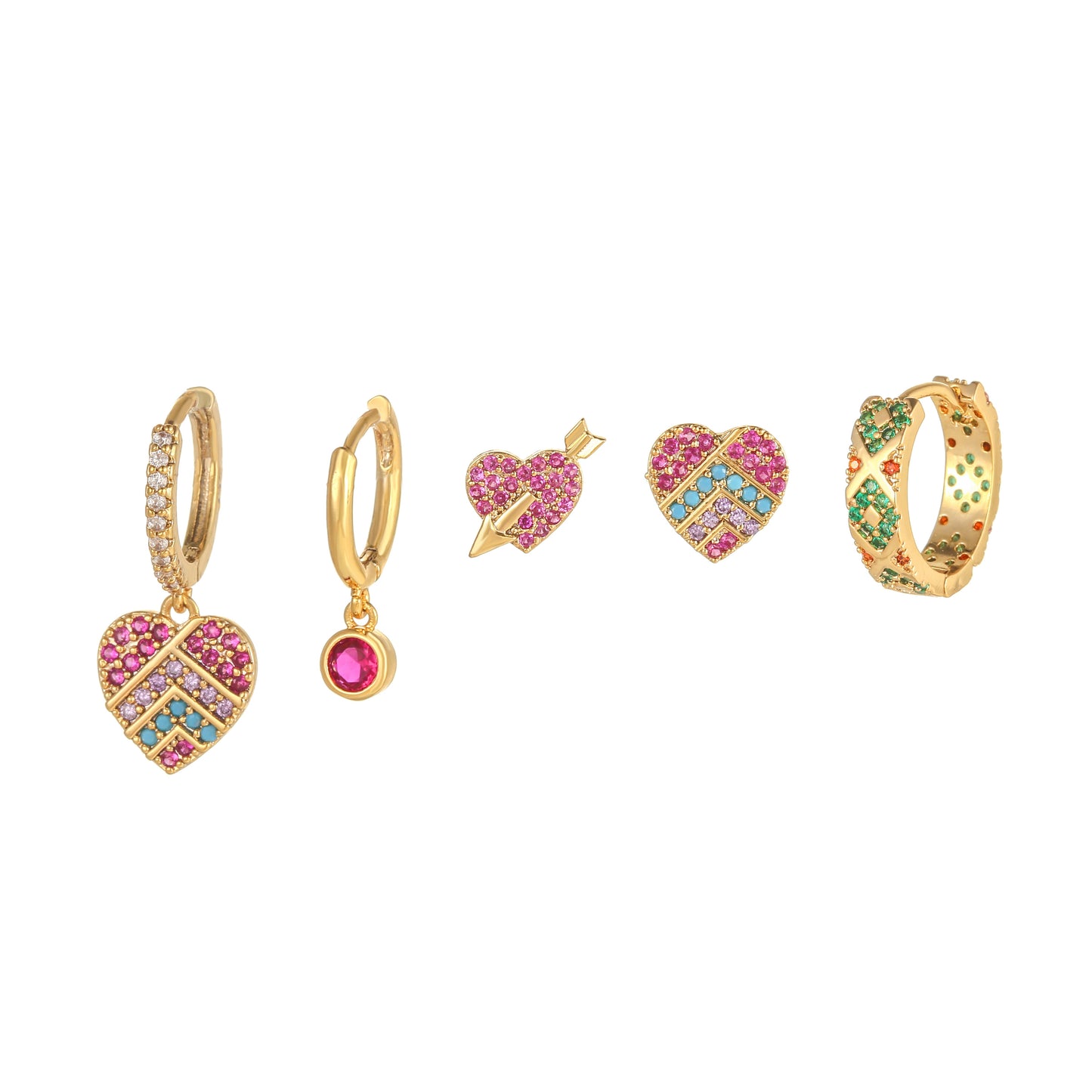 Retro Color Block Heart Shape Brass Gold Plated Zircon Earrings 5 Piece Set