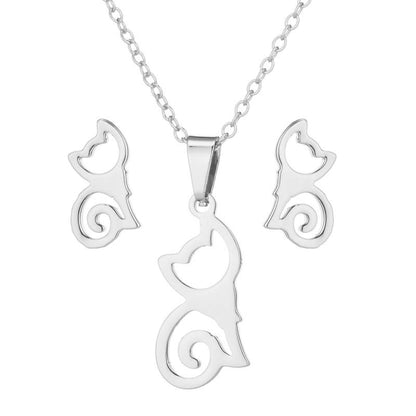 Fashion Cat Stainless Steel Plating Earrings Necklace 1 Set