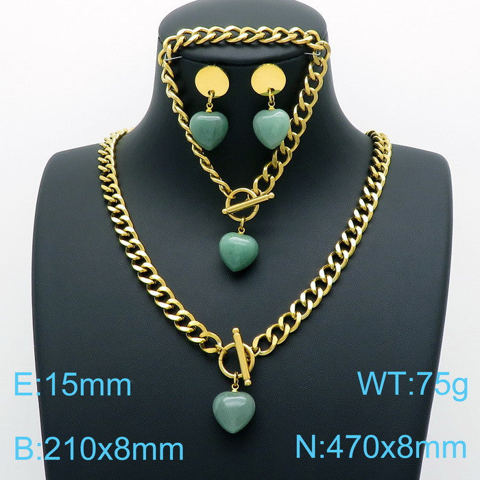 Fashion Water Droplets Heart Shape Stainless Steel Inlay Natural Stone Jewelry Set