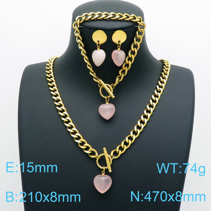 Fashion Water Droplets Heart Shape Stainless Steel Inlay Natural Stone Jewelry Set