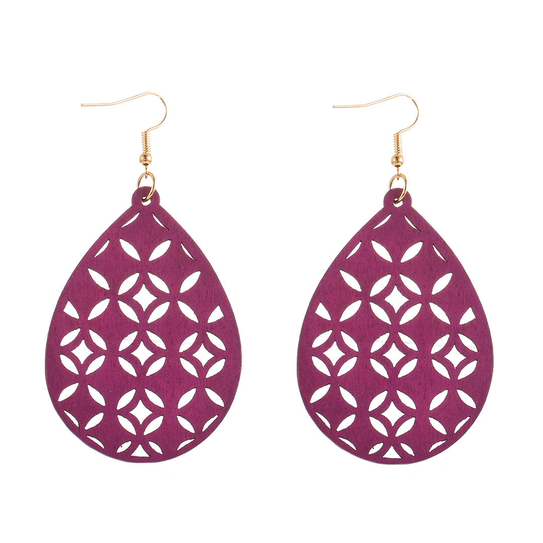 Retro Water Droplets Solid Color Wood Hollow Out Women's Drop Earrings 1 Pair