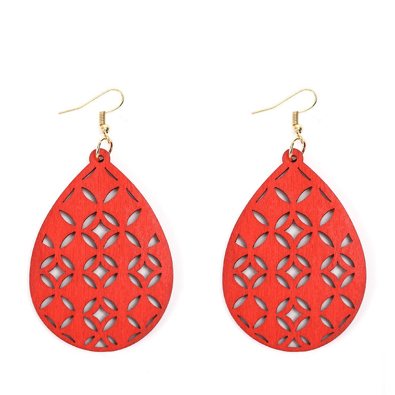 Retro Water Droplets Solid Color Wood Hollow Out Women's Drop Earrings 1 Pair