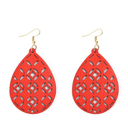 Retro Water Droplets Solid Color Wood Hollow Out Women's Drop Earrings 1 Pair