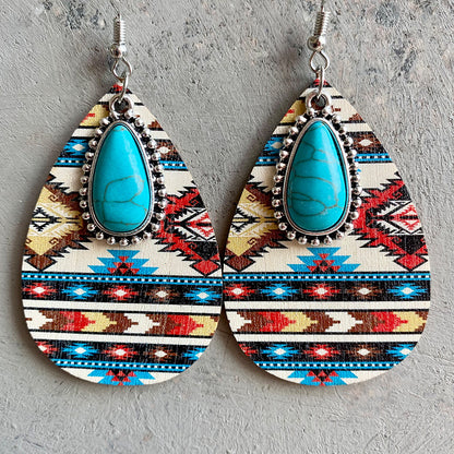 Retro Water Droplets Alloy Wood Inlay Turquoise Women's Drop Earrings 1 Pair