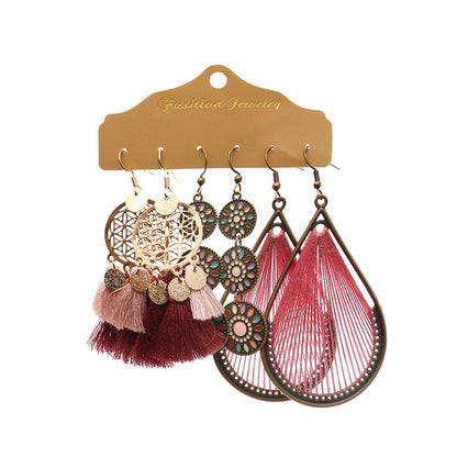 3 Pairs Bohemian Geometric Alloy Tassel Women's Earrings