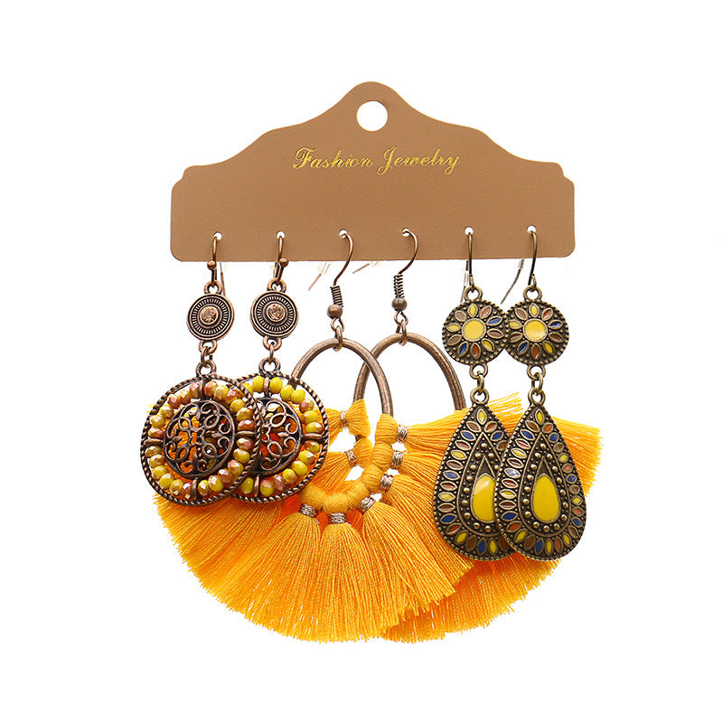 3 Pairs Bohemian Geometric Alloy Tassel Women's Earrings