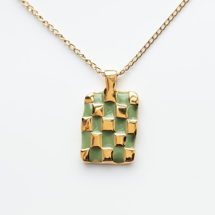 Fashion Plaid Rectangle Stainless Steel Enamel Gold Plated Pendant Necklace 1 Piece