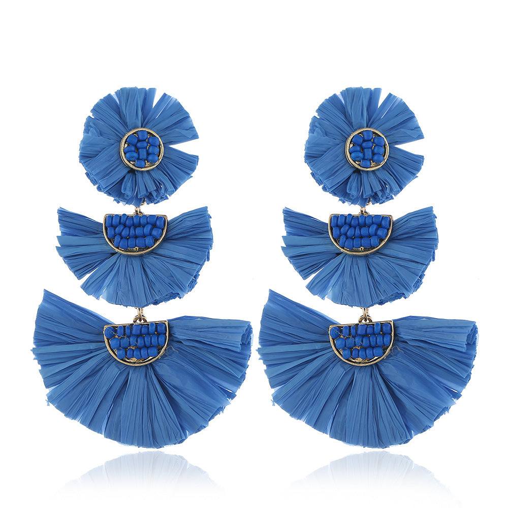 Ethnic Style Solid Color Flower Beaded Alloy Raffia Women's Drop Earrings 1 Pair