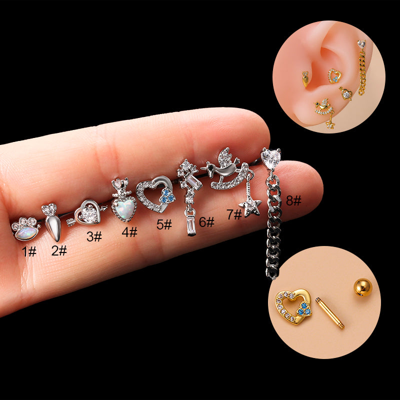 Fashion Pentagram Heart Shape Stainless Steel Gold Plated Zircon Ear Studs 1 Piece