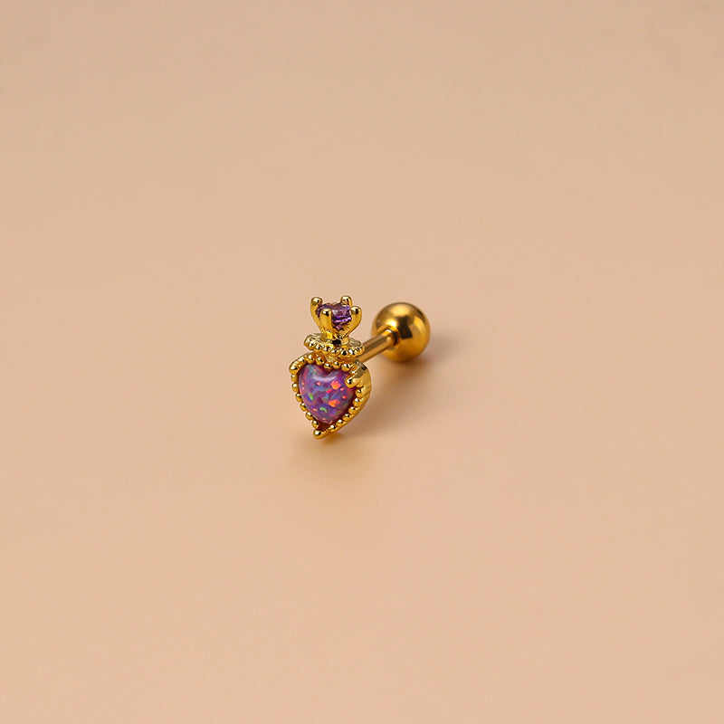 Vintage Style Heart Shape Crown Stainless Steel Copper Gold Plated Artificial Gemstones Ear Studs 1 Piece