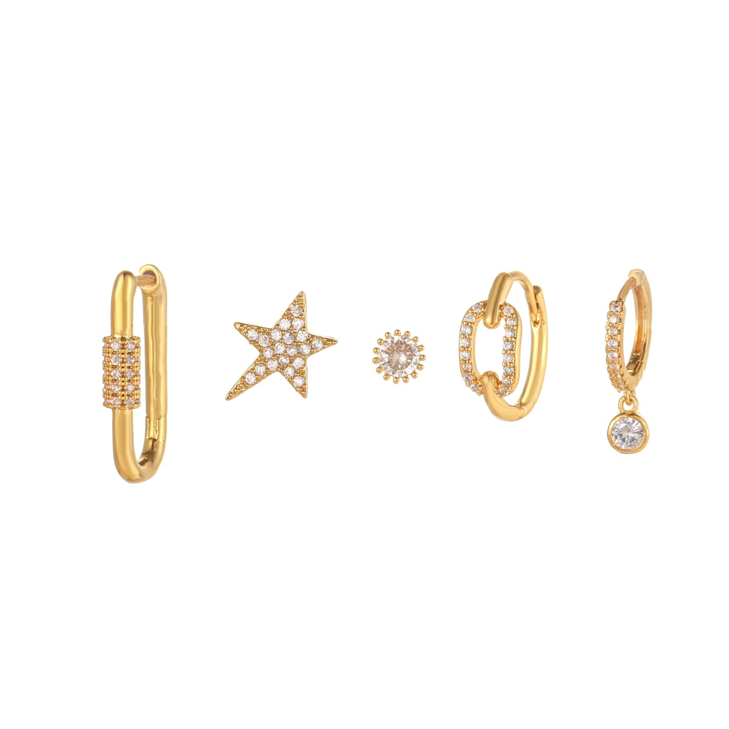 Fashion Star Copper Inlay Zircon Ear Studs 5 Pieces