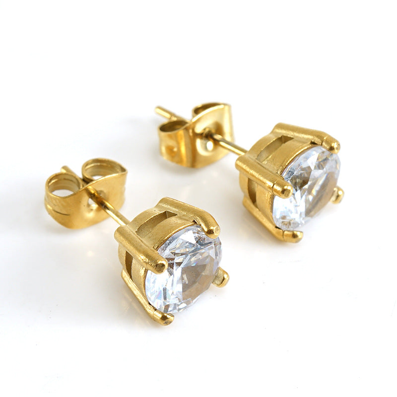 Fashion Round Titanium Steel Plating Inlay Zircon Ear Studs 1 Pair