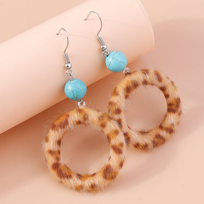 Retro Round Cattle Leopard Alloy Wood Inlay Turquoise Women's Drop Earrings 1 Pair