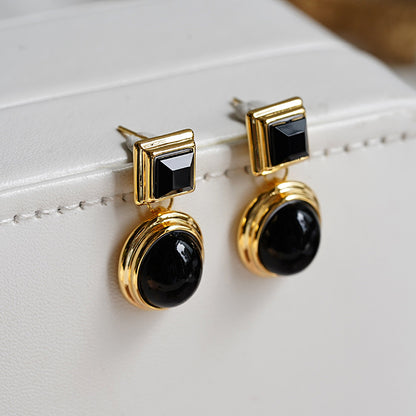 1 Pair Retro Oval Inlay Copper Artificial Gemstones 18K Gold Plated Drop Earrings