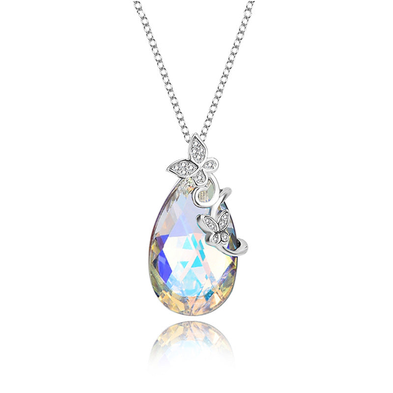 Fashion Butterfly Austrian Crystal Sterling Silver Water Drop Pendant Necklace