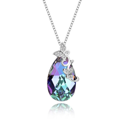 Fashion Butterfly Austrian Crystal Sterling Silver Water Drop Pendant Necklace