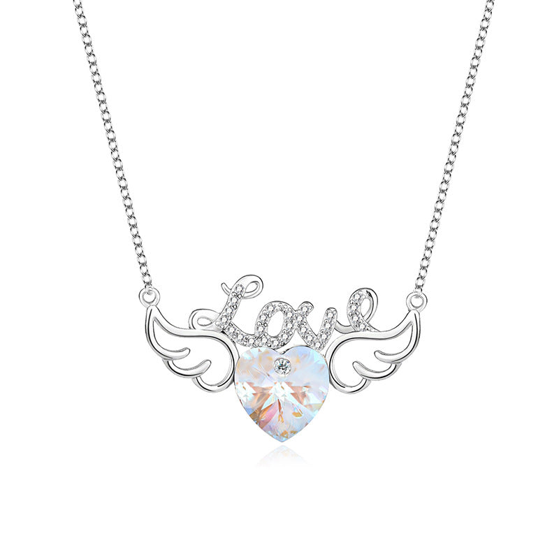 Elegant Letter Heart Shape Wings Austrian Crystal Sterling Silver Inlay Zircon Necklace 1 Piece