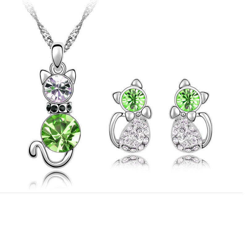 Wholesale Simple Cat Alloy Crystal Ear Stud Necklace Set