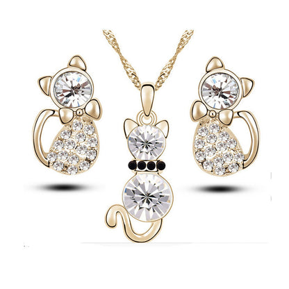 Wholesale Simple Cat Alloy Crystal Ear Stud Necklace Set